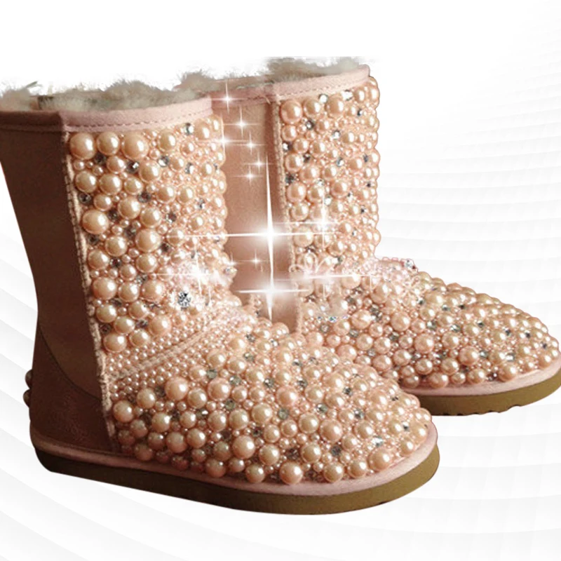 Pink mid-tube pearl rhindiamonds banquet party fur one snow boots Handmade large size thick women's cotton shoes 35-44