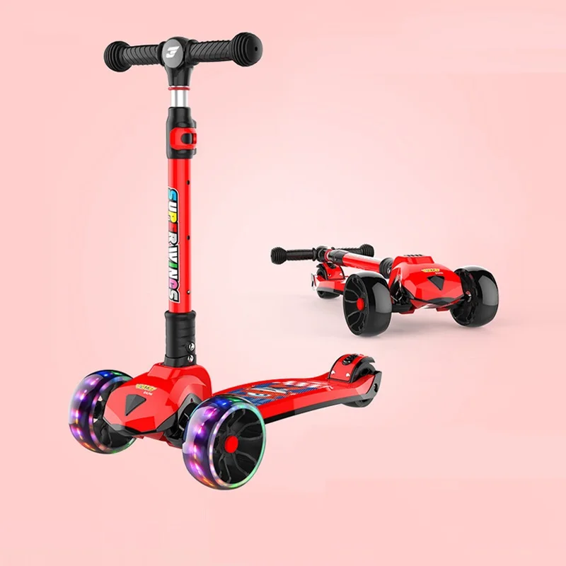 LazyChild Children's Scooter 1-14 Years Old Three-Wheel Flash One-Button Folding Scooter Cartoon Gift Scooter DropShipping