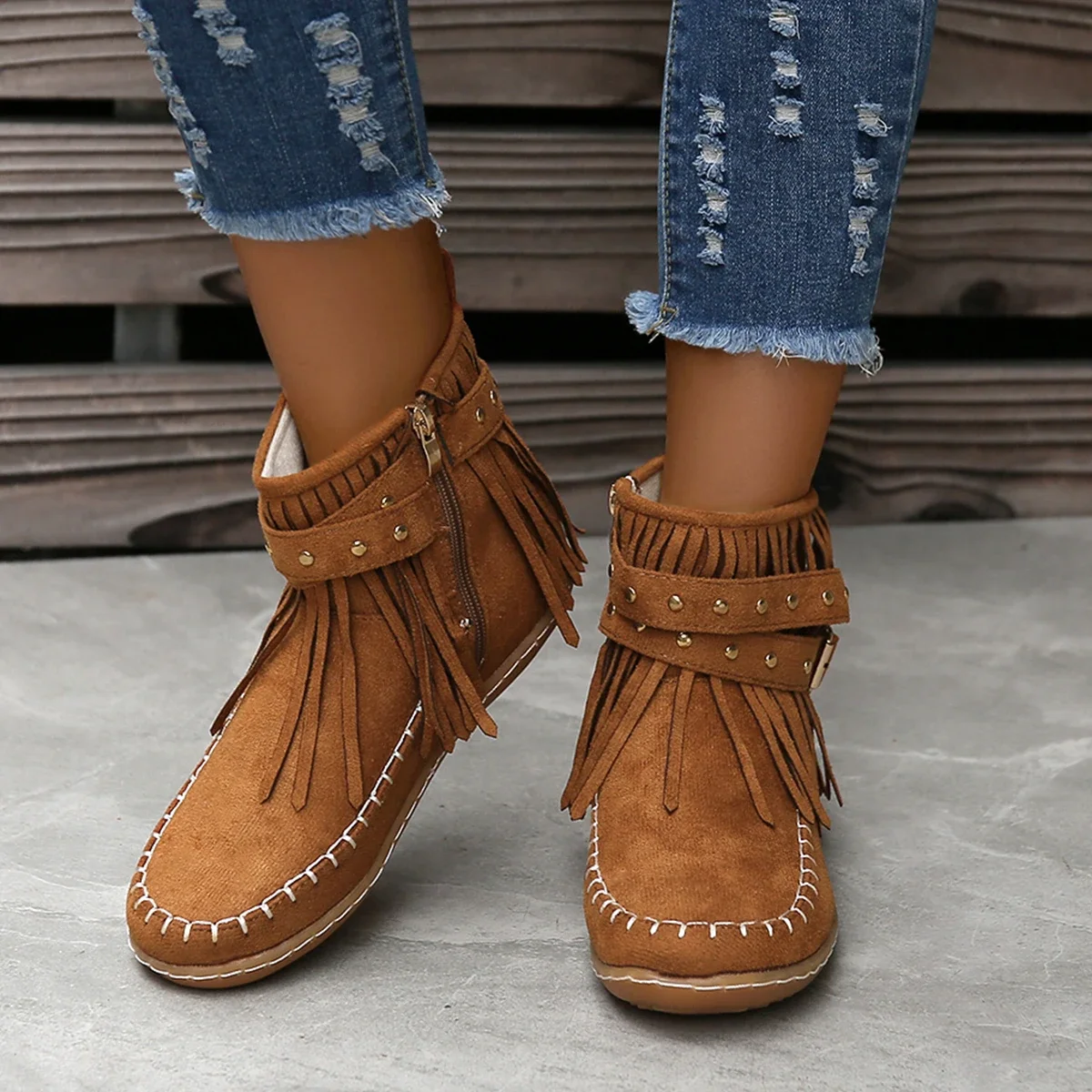 2023 Winter New Retro Tassel Women's Boots Side Zipper Rivets Flat Shoes Comfort Round Toe Non-slip Ankle Boots for Women Botas