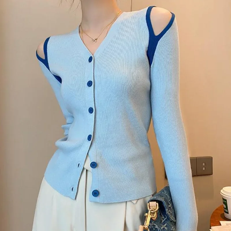 سترة نسائية محبوكة برقبة على شكل حرف v بقصة ضيقة أنيقة مفرغة مكشوفة الأكتاف ملابس نسائية ربيعية مثيرة للفتيات تناسب جميع الأعمار