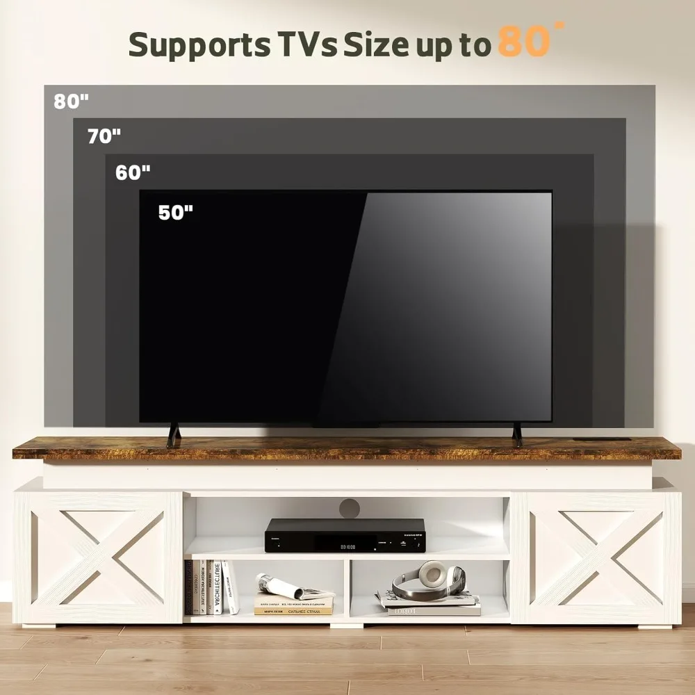 Farmhouse TV-Stand for 80" TVs - Modern Entertainment Center with Led Light and Power Outlet, TV Cabinet with Adjustable Shelf
