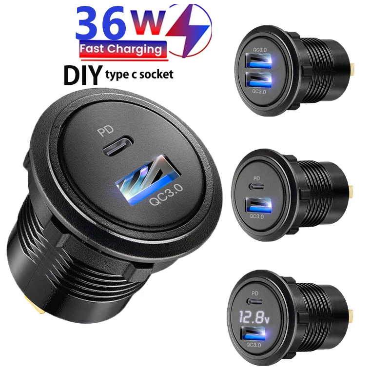 

PD QC3.0 Car Charger Socket with Voltage Quick Charge 3.0 Socket Power Outlet for 12V/24V Motorcycle Truck Boat