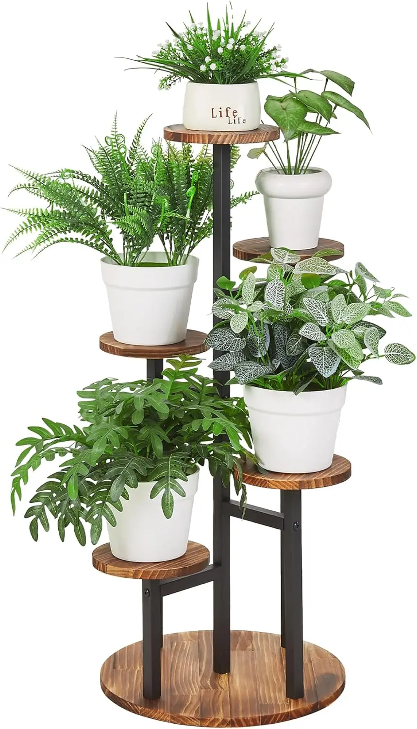 

5 Tier Plant Stand Indoor Outdoor, Tall Metal Wood Flower Shelf for Multiple Plants, Small Tiered Round Corner Display Rack