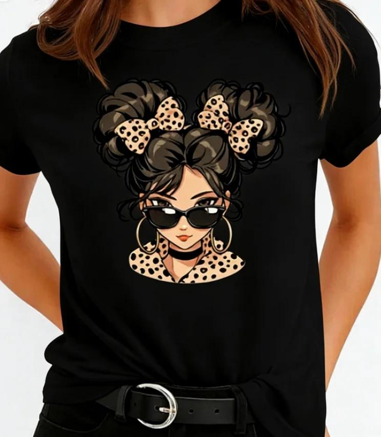 Leopard Print Bun Girl T-Shirt Casual Cotton Tee Trendy Mom Life Romantic Streetwear Tops