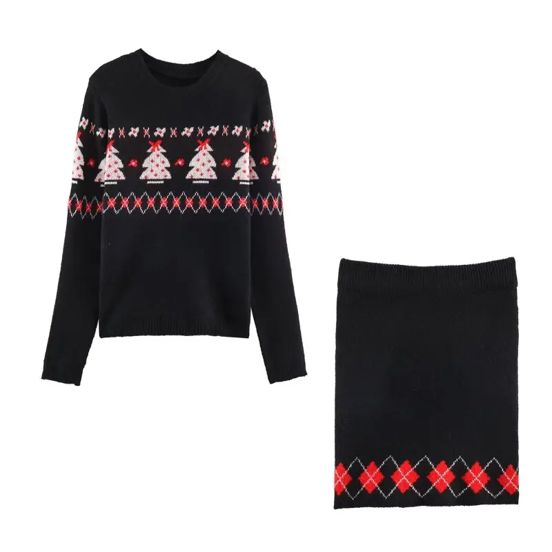 

Женский повседневный рождественский вязаный комплект с круглым вырезом, пуловер с праздничным узором, свитер и короткая юбка, праздничный наряд для вечеринки