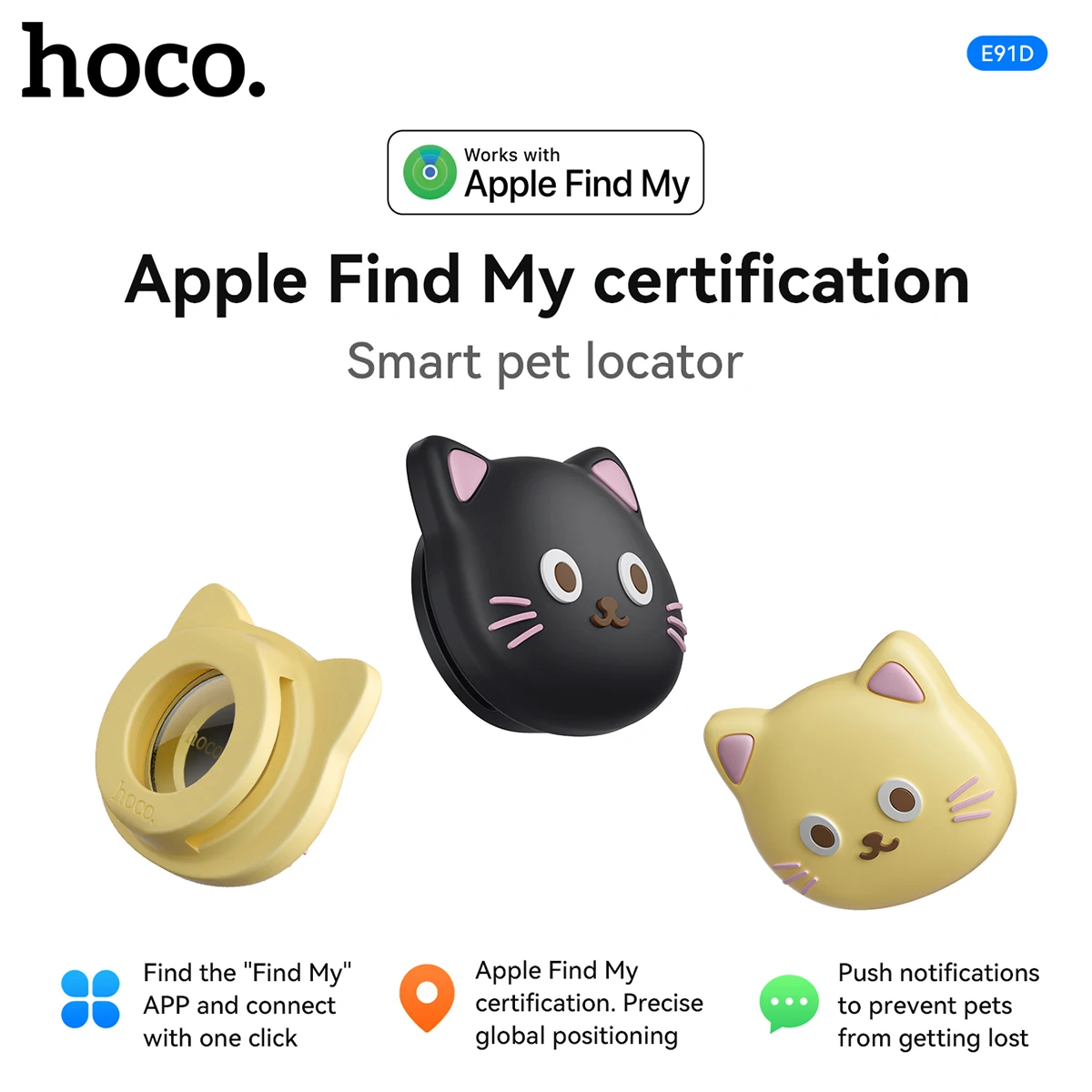 

HOCO Smart Locator with Cute Cat Silicone Protective Cover For Pets Dog Cat Tag Work For Find My App New Anti-Lost Finder Device