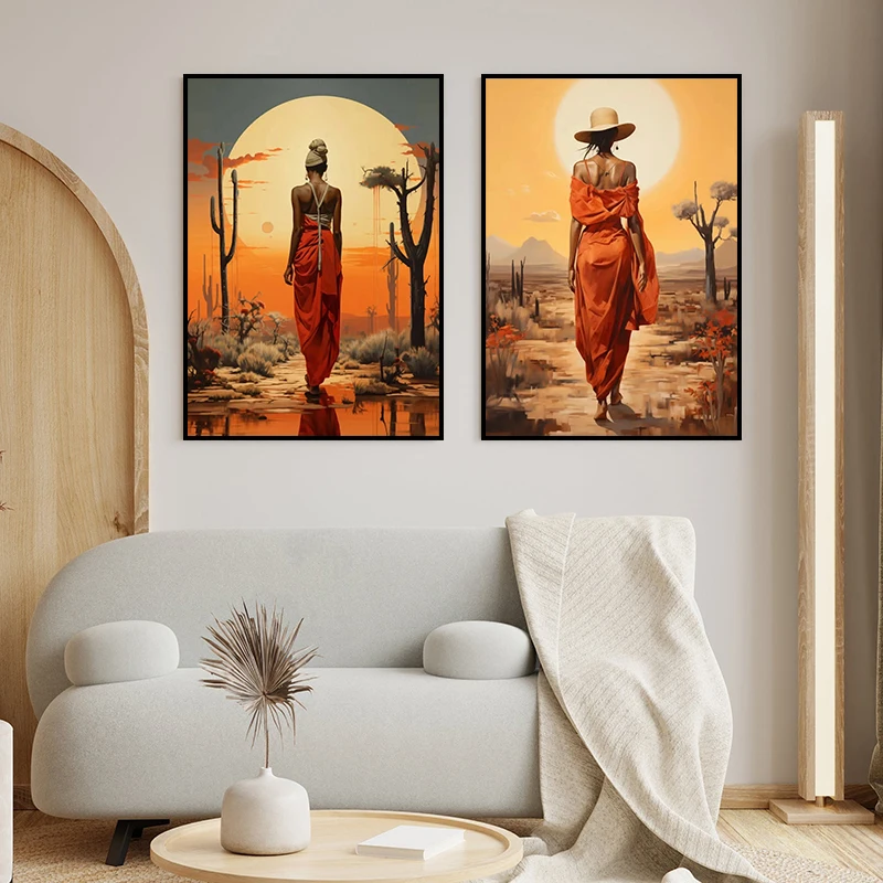 Classic African Women With Sun Canvas Painting Wall Art Poster Prints Elegant Female HD Pictures For Living Room Home Cafe Decor