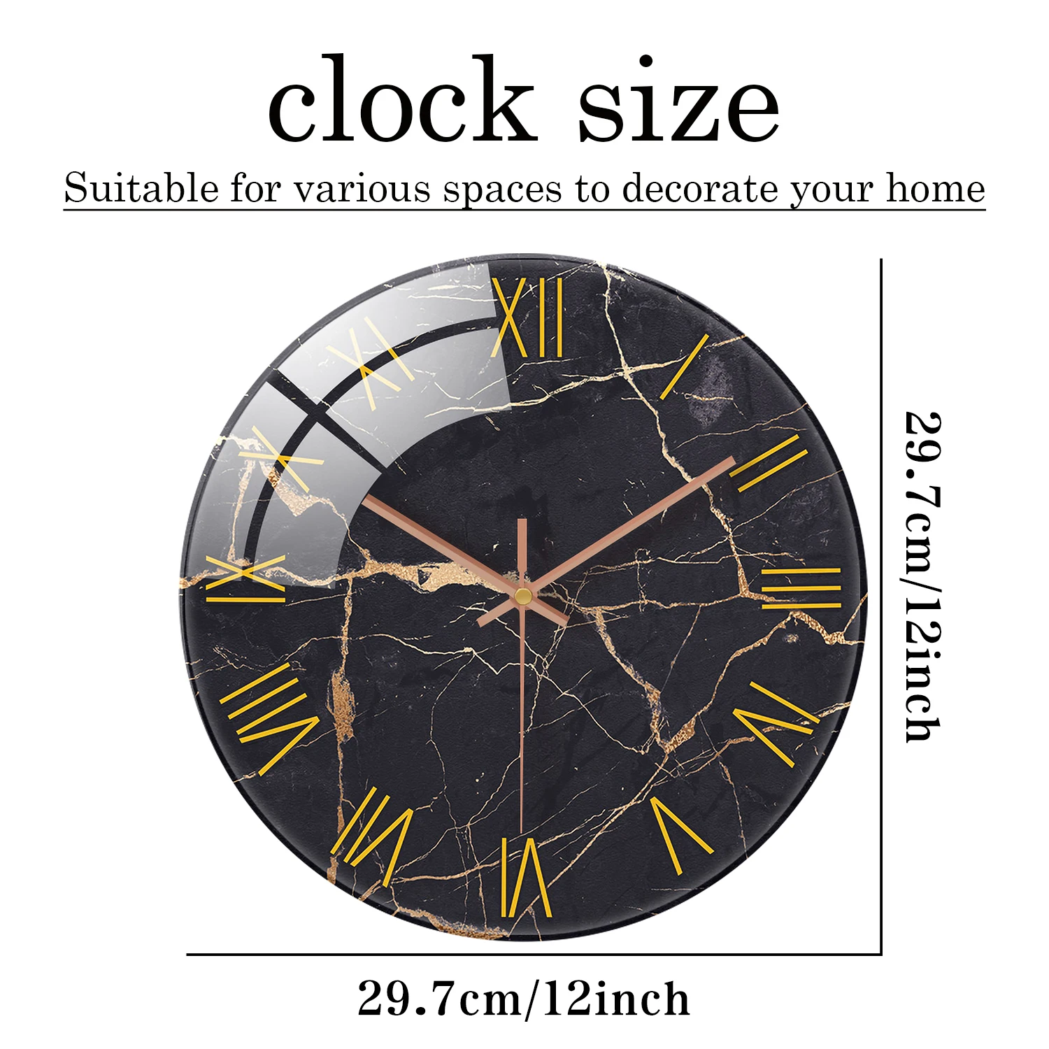 1pc 12 inch tempered glass wall clock, modern simple black marble texture gold Roman numerals design wall clock, home mute clock