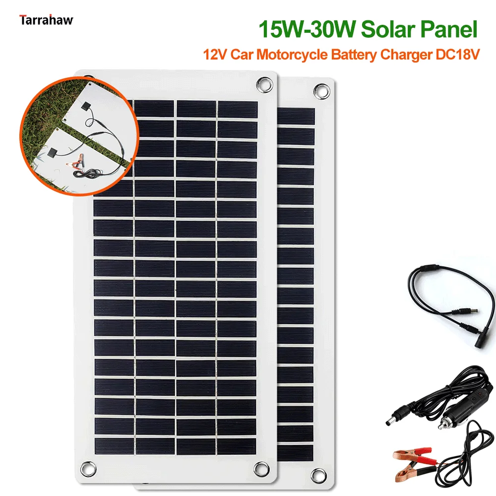 15W-30W Solar Panel 12V Car Motorcycle Battery Charger DC18V Output Outdoor Portable Photovoltaic Cells Semi-Flexible PV Plate