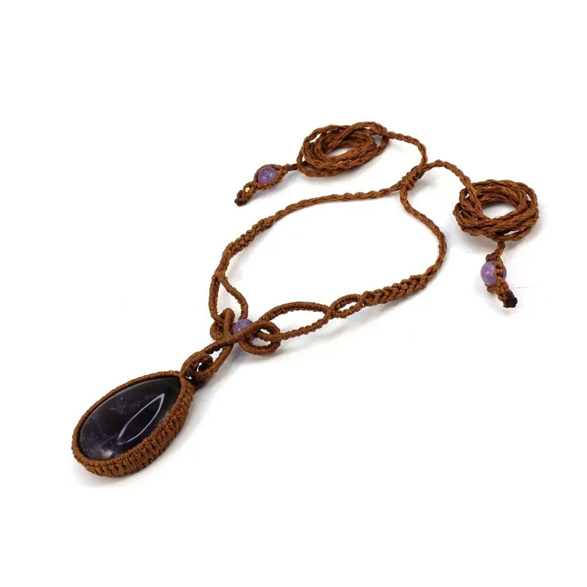 

Crystal Braided Macrame Stone Pendant Necklace For Women Natural Rose Quartz Amethyst Teardrop Handmade Rope Wrapped Weave Chain