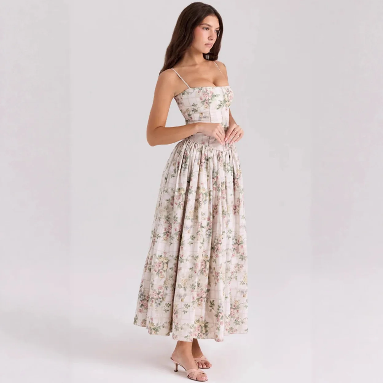 Women's White Floral Print Corset Maxi Dress Spaghetti Strap Pleated A-Line Summer Elegant Long Vacation Gown view 4
