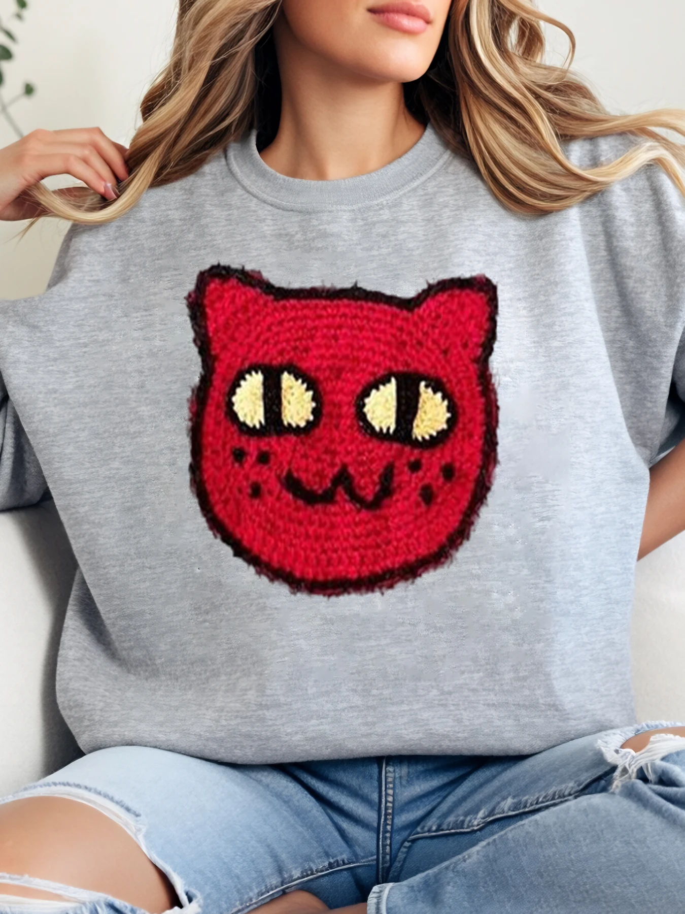 Red Cat Knit Print Sweatshirt Halloween Women Casual Wear Plus-Size