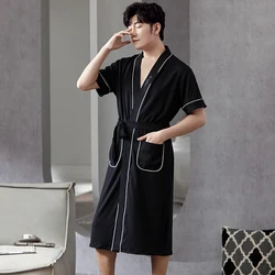 Big Yards L - 4XL Pajamas Mens Full Pure Cotton Knited Robes Sexy V-Neck Short Sleeve Bathrobe Male Solid Color Nightgown Lounge