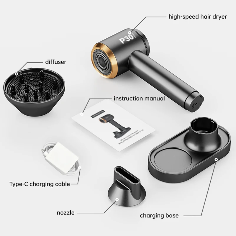 Professional Portable Outdoor Negative Ion Wireless Hairdryer Fast Dry High Speed  Cordless Hair Dryer Rechargeable