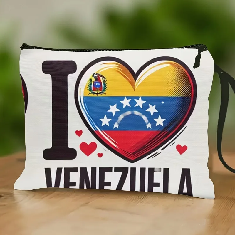 Cosmetic Bag with Venezuelan Flag Print, Featuring a Wrist Strap and Zipper Design, Adorned with Heart and Star Patterns, Showca