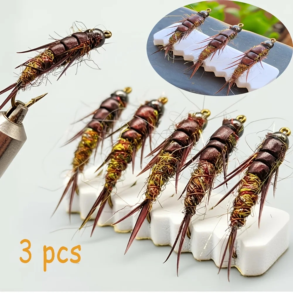 3Pcs #10 Brass Bead-Head Stonefly Nymphs — Fast-Sinking, Han