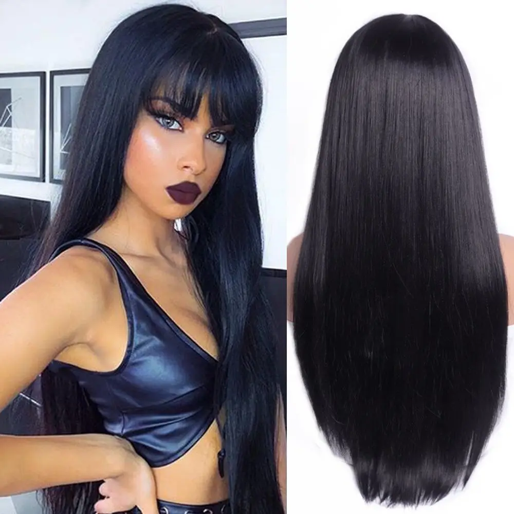 Wig Women's afro Full Bangs Black Long Straight Hair High Temperature Fiber Synthetic Wigs Pelucas Hair Daily Party Use