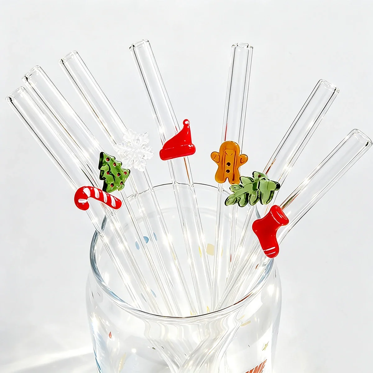 6pcs Christmas Glass Straws Set with Brush Reusable Glass Straw Suitable for Milkshakes Juices Coffee Kitchen Bar Accessories