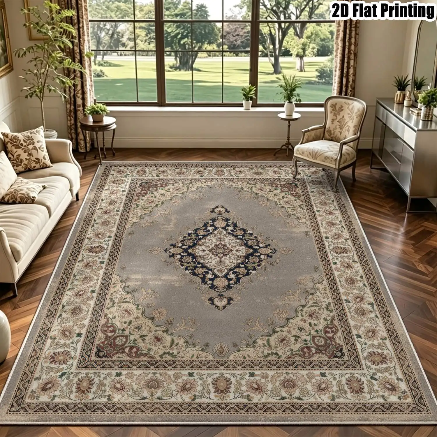 1Pc 2D Printed Velvet Carpet, Gray-Blue Retro Floral, European Style, Machine Washable, Multi-Size, Multi-Scene Use