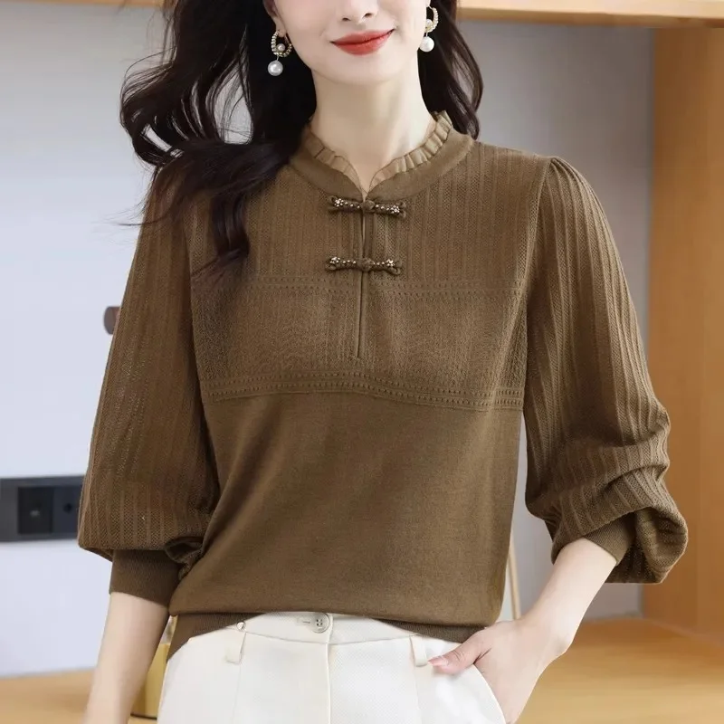 Women's Pullover Solid Ruffles Knit 2025 Autumn and Winter Women's Clothing Vintage Cheongsam Collar Long Sleeve Fashion Sweater