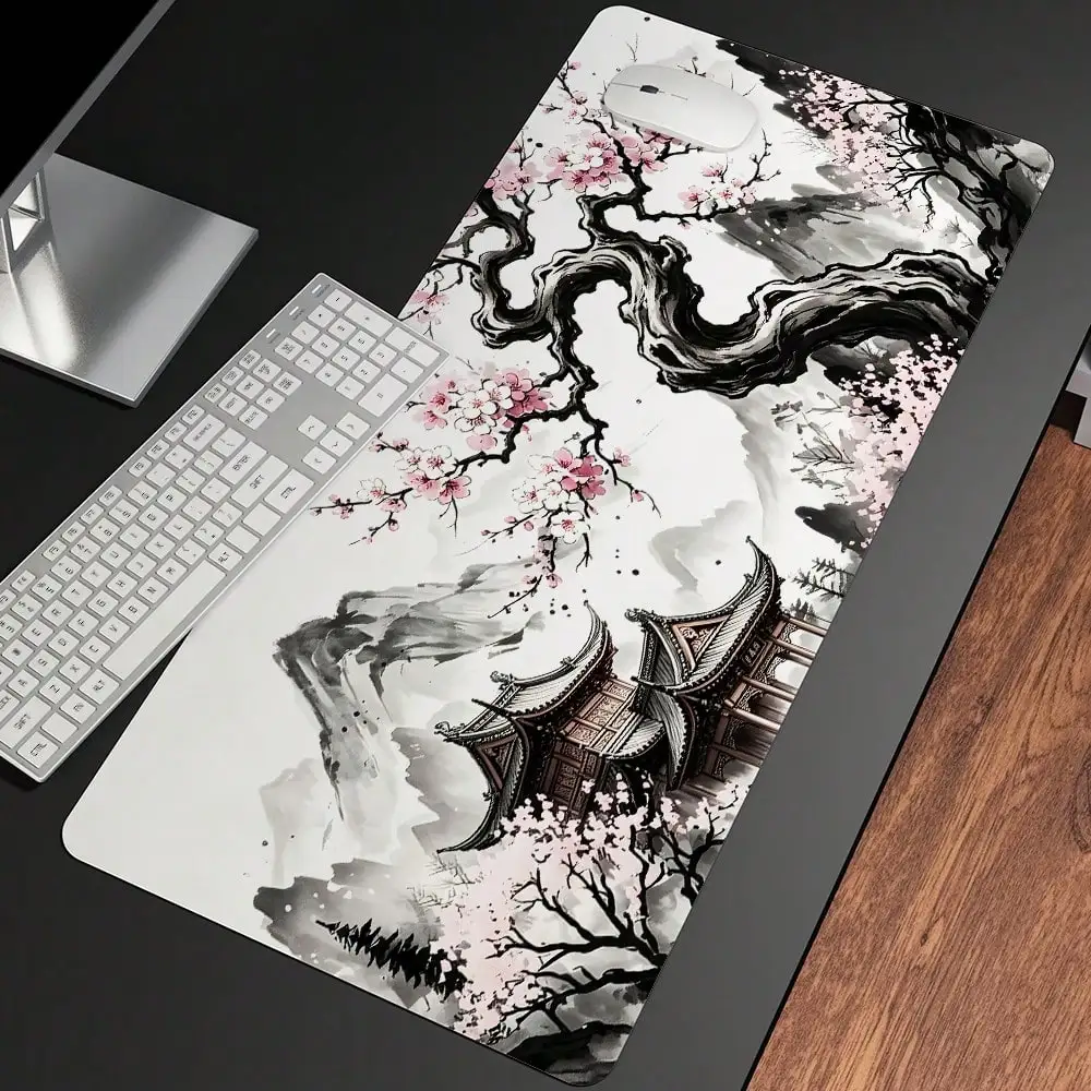 Extra Large Mouse Pad With Cherry Blossom Tree Scenery Design – XL Gaming Mousepad With Non-Slip Rubber Base, Washable Surface – Smooth Keyboard And Mouse Pad For Home, Office (Chinese Ink Wash Painting)
