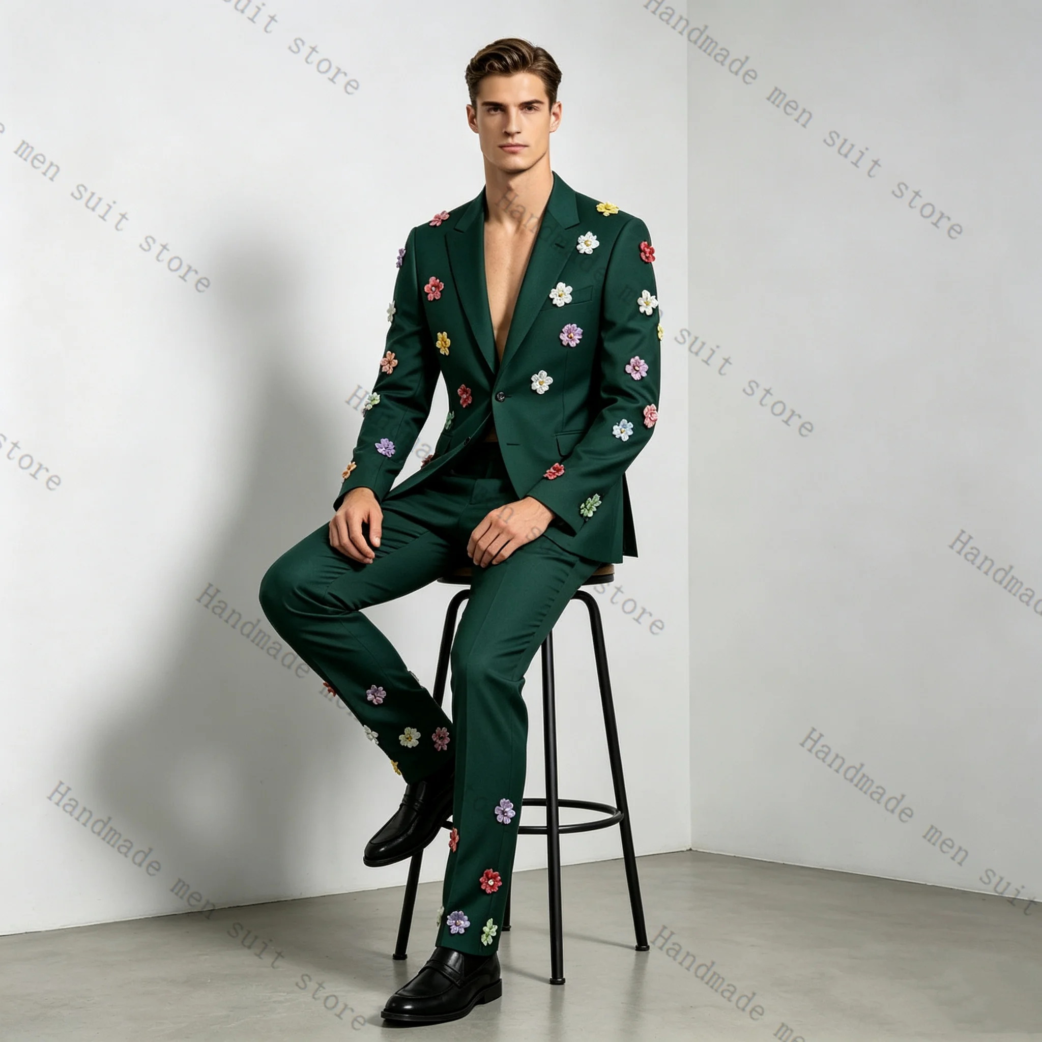 

Green Spring Men Suit Set 2 Pcs Blazer+Pants 3D Flower Cotton Prom Wedding Tuxedos Coat Customized Formal Office Fashion Jacket
