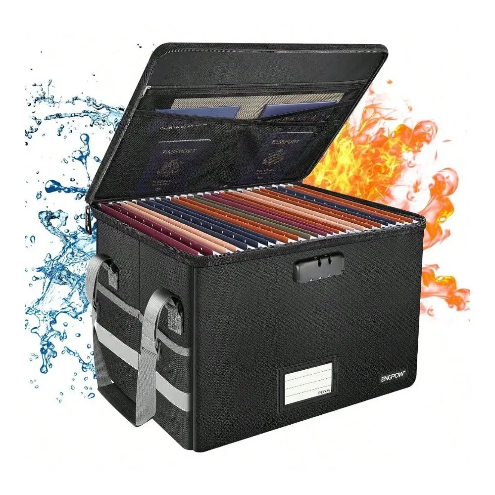 

ENGPOW File Box With LockFireproof Document Box With ZipperPockets Collapsible File Organizer Filing Storage Cabinet With Handl