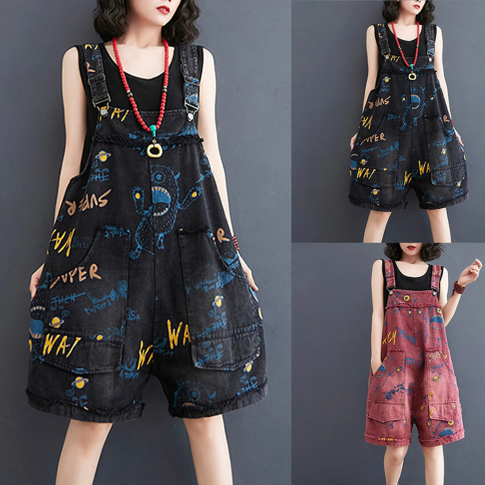 Women'S Shorts Jumpsuits Fashion Loose Wide Leg Vintage Cartoon Graffiti Printed Denim Strappy Jumpsuits Summer Daily All-Match