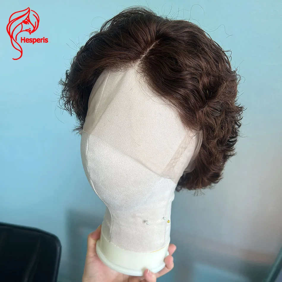 

Hesperis Lace Front Human Hair Wigs For Men Brazilian Remy Short Cut Curly Wigs Brown Pixie Wigs Pre Plucked Male Wigs