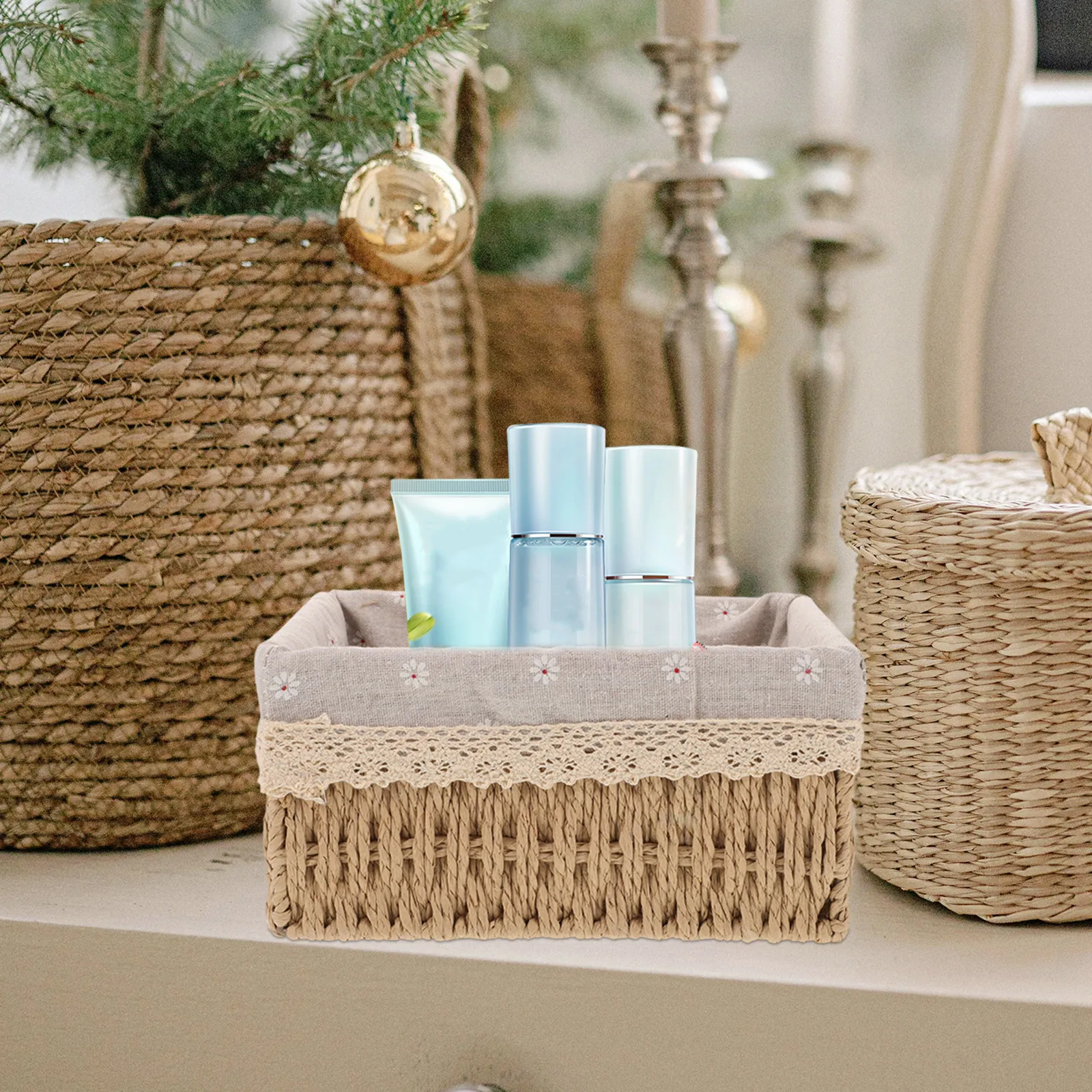 Small Rectangular Rattan Basket Wicker Makeup Organizer Rustic Storage Bin for Office Bathroom Living Room