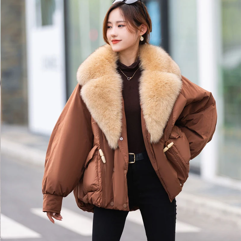 2023 Down Jacket Women's Removable Fox Fur Collar Medium Length Casual Loose Drawstring Big Pocket Warm Real Fur Coat Female