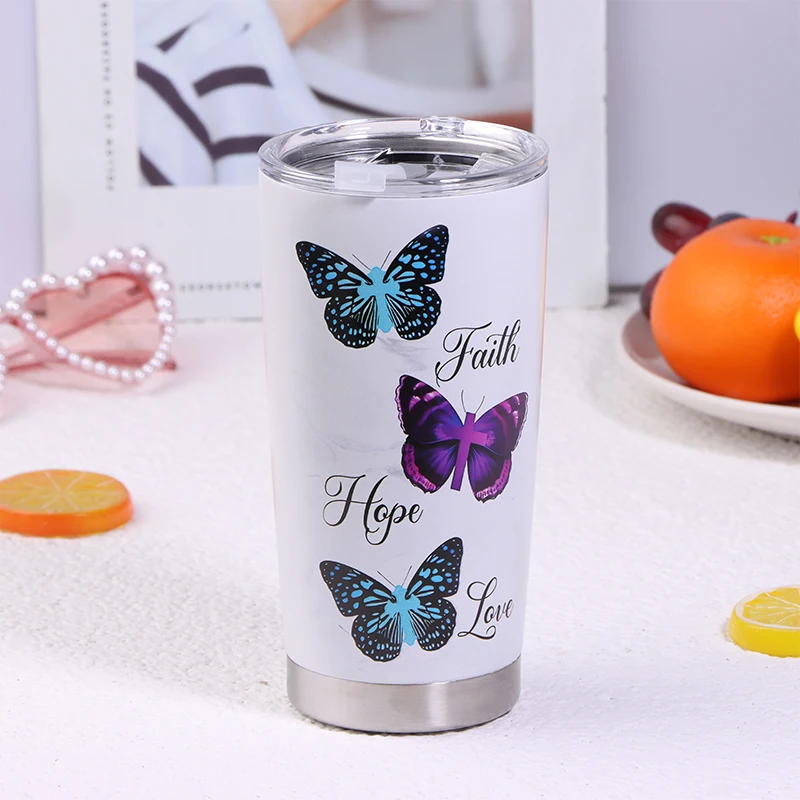 1pc 20oz Butterfly Tumbler Cup With Lid Stainless Steel Double Wall Vacuum Thermos Insulated Travel Coffee Mug