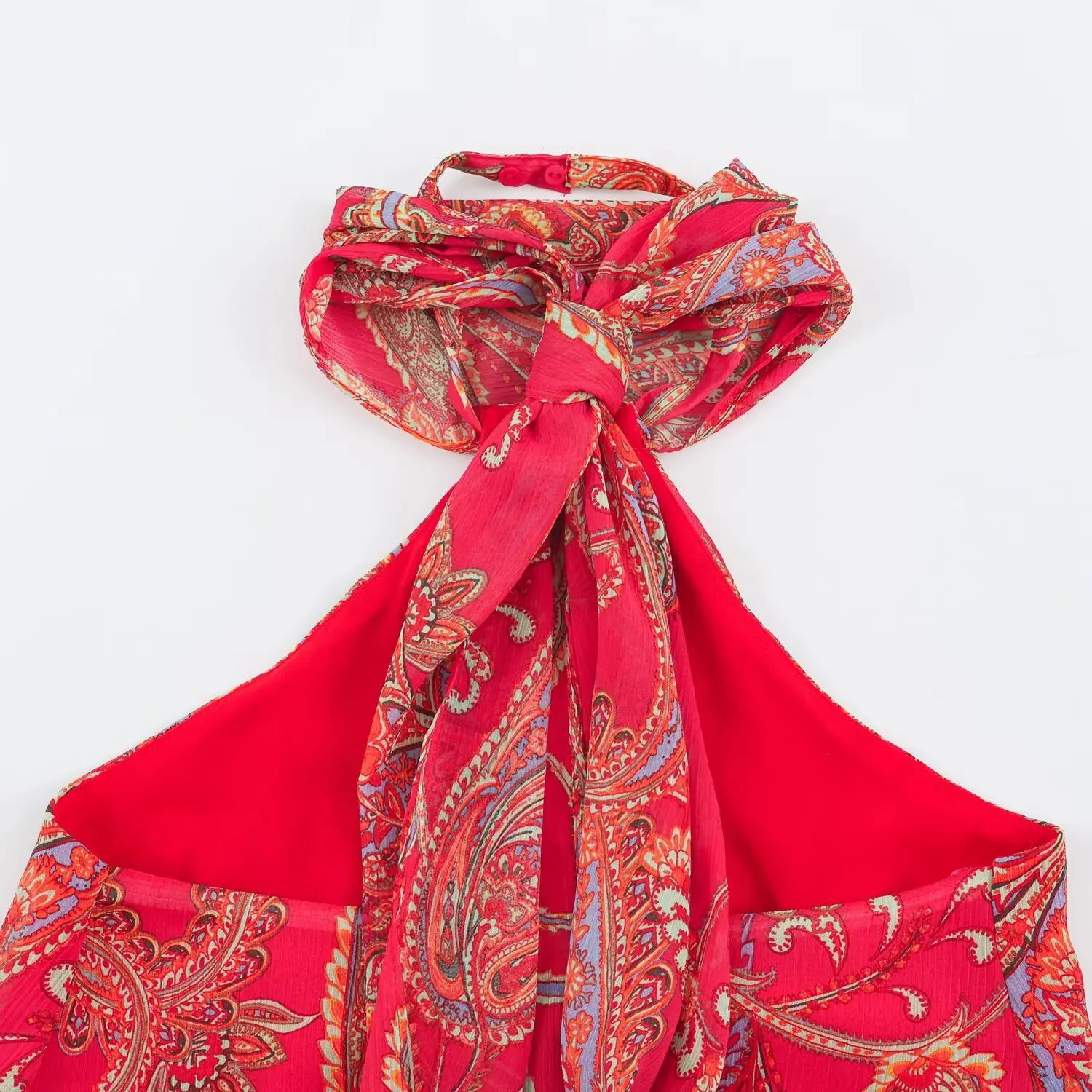 TFMLN Damenrock Zweiteiler-Set, Neckholder-Top mit Rüschen, Hochtaillierter Midirock mit Gürtel, Sommeranzug mit Paisley-Print – Detail 10