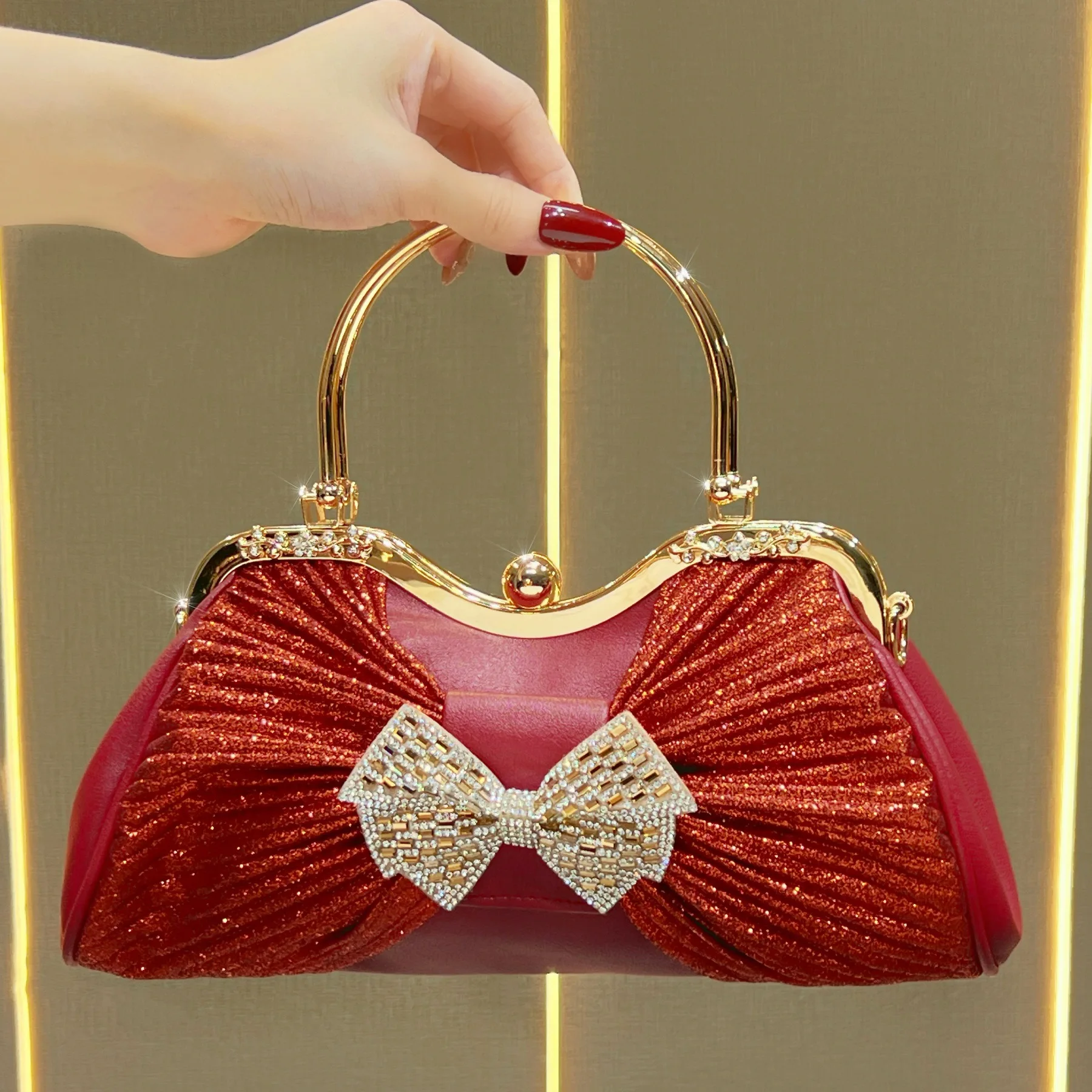 New light luxury high-end sense exquisite diamond-encrusted bow handbag versatile shiny temperament dinner bag
