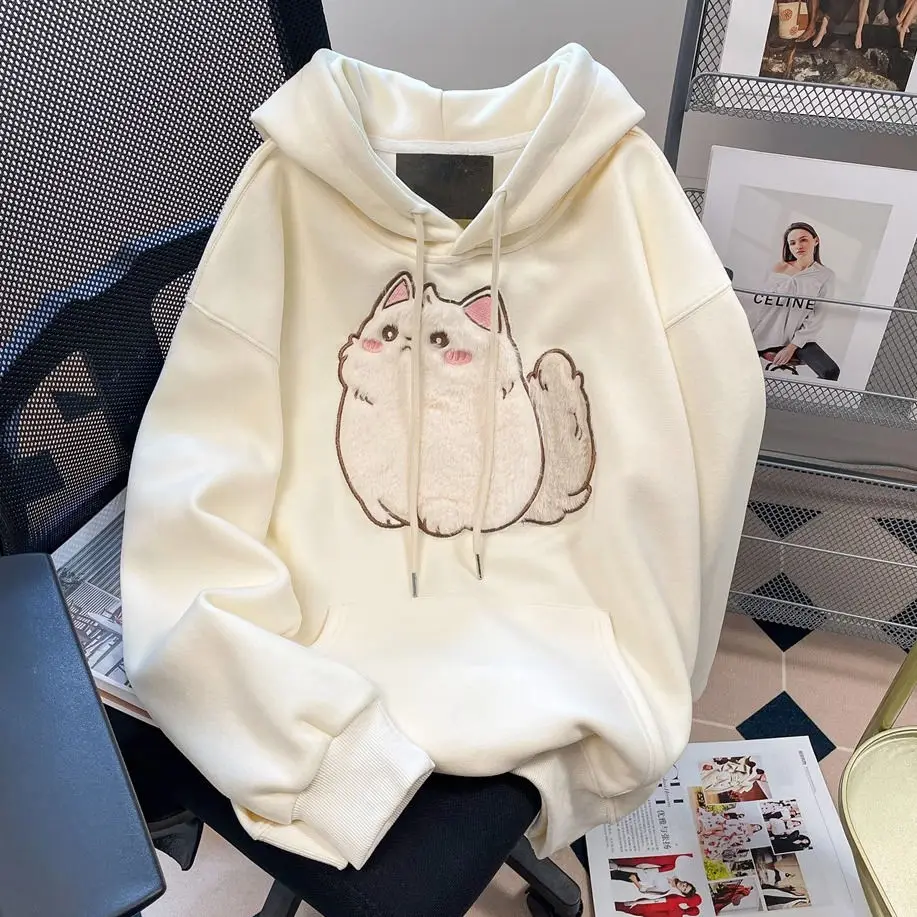 Cute Cat Plush Flocking Embroidery Y2K Hoodies for Girls Winter Loose Cotton Long Sleeve Sweatshirt Lovely Women Kawaii Clothes