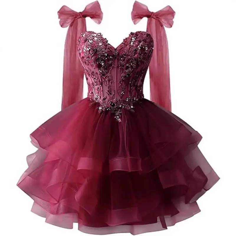 Bow Shoulder Strap Layered Chiffon Dress Starry Lace Three-dimensional Decal Youth Short Dance Sequin Dress Customized