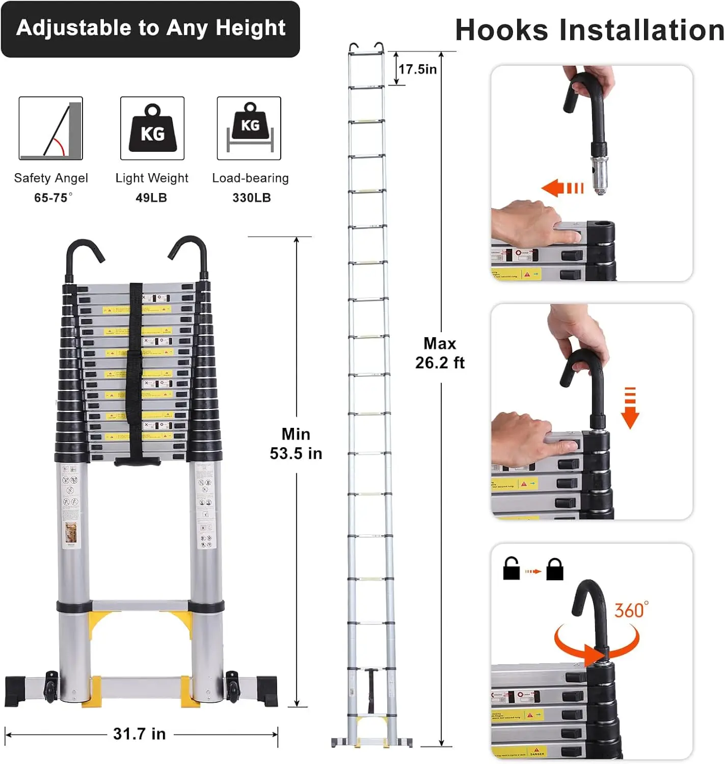 Telescoping Ladder with Stabilizer Bar Wheels and Hooks, Multi-Purpose Extension Ladder, Aluminum Folding Ladder