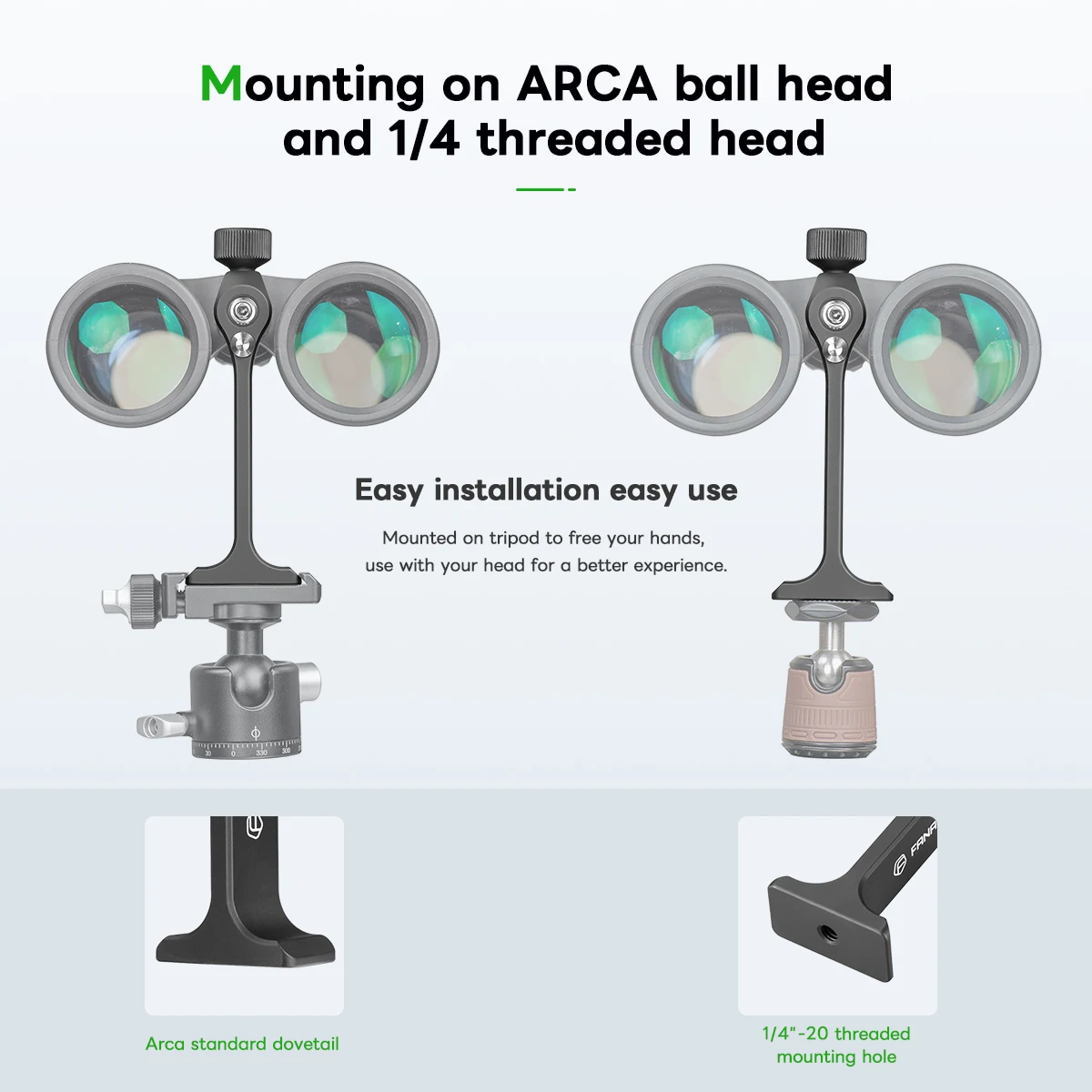 FANAUE-Adaptador de trípode Binocular 1/4-20, convertidor de soporte de montaje, aleación de aluminio, liberación rápida, Arca Swiss, Base para