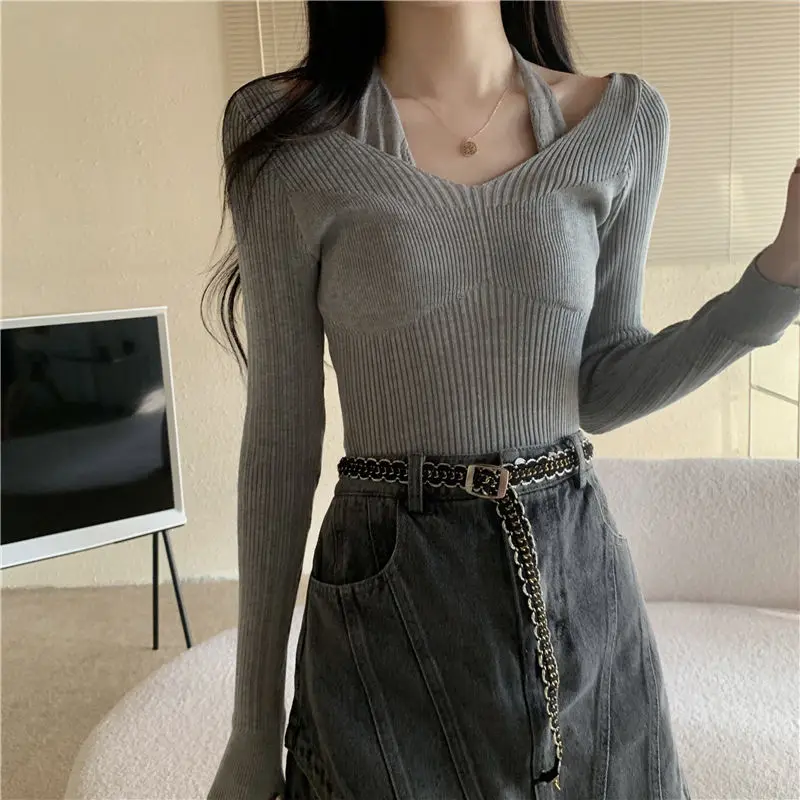 Fake Two Pieces Halter Pullovers Female Clothing Knitted Solid Color Spring Autumn Slim Casual V-Neck Basic Long Sleeve T-shirt
