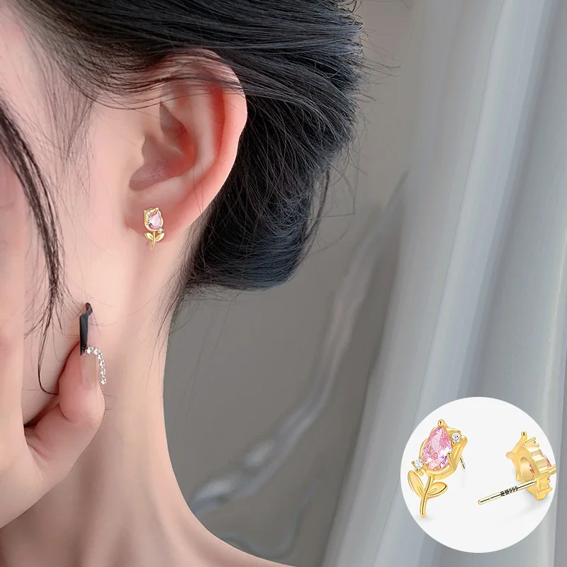 

100% 925 Sterling Silver Zircon Flower Earring for Women Girl Vintage Plant Tulip Design Jewelry Party Gift Dropshipping