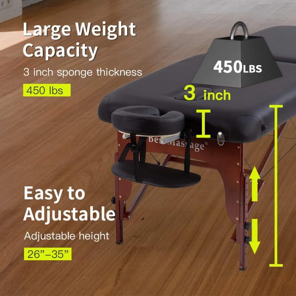 طاولة تدليك محمولة لصالونات السبا - سرير بارتفاع قابل للتعديل قابل للطي مع حقيبة حمل من جلد البولي يوريثان وحقيبة حمل أكسفورد