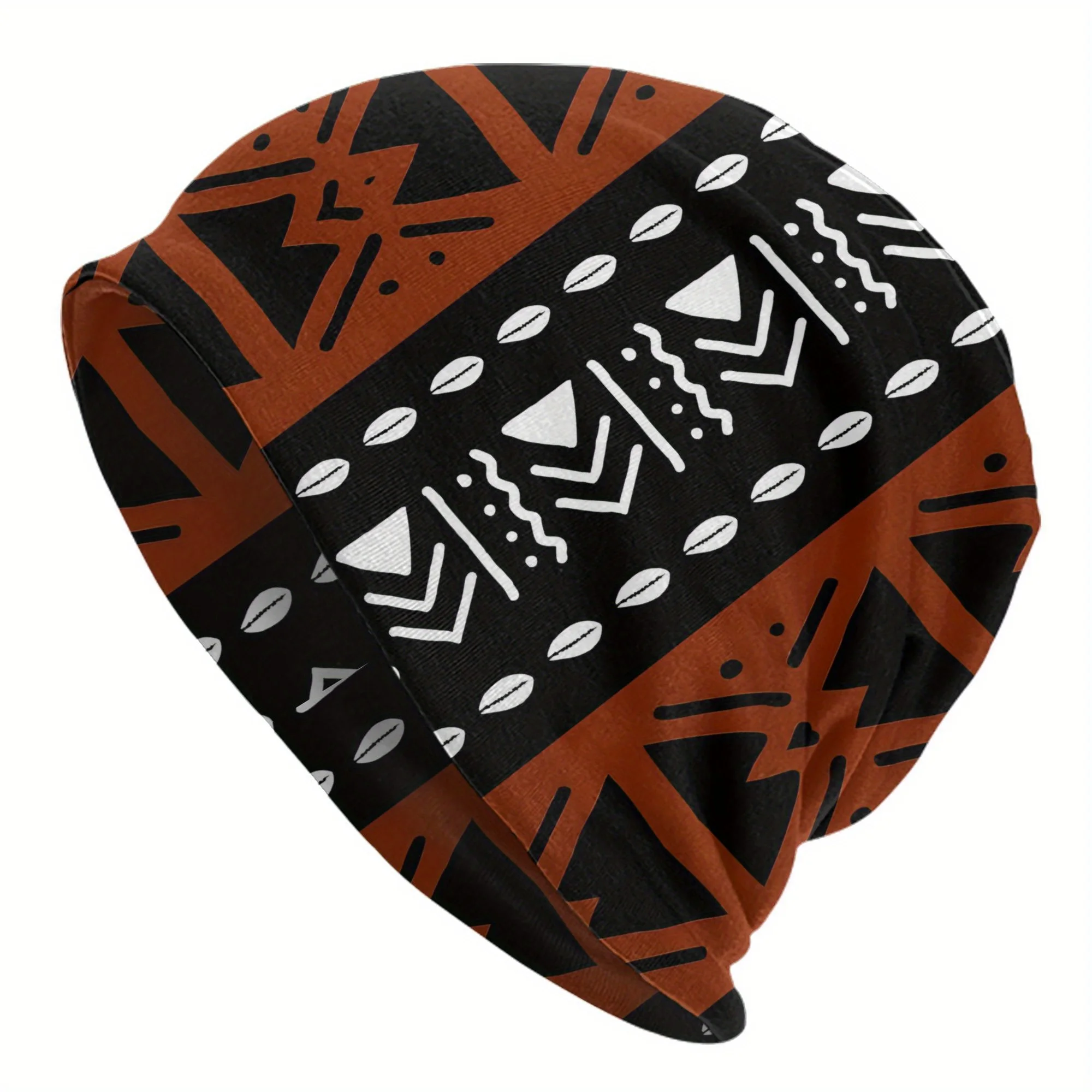 

African Safari Mud Cloth Skull Cap Stylish Black Orange Beaded Geometric Pattern Beanie, Polyester Blend, Fashionable