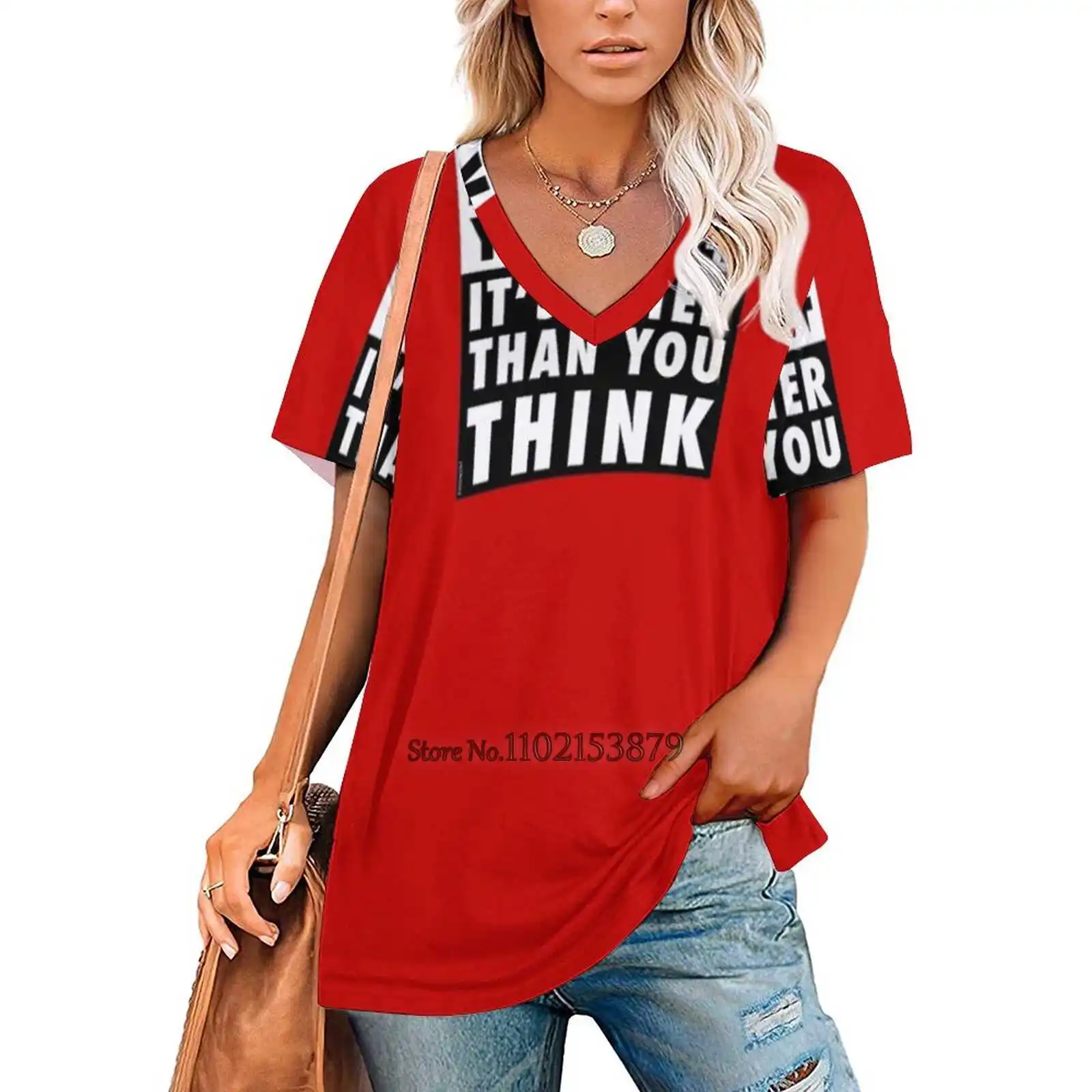 Enjoy Yourself It'S Later Than You Think [ Red Background ] Women V Neck T-Shirt Casual Sexy T Shirts Hollow Out Zipper