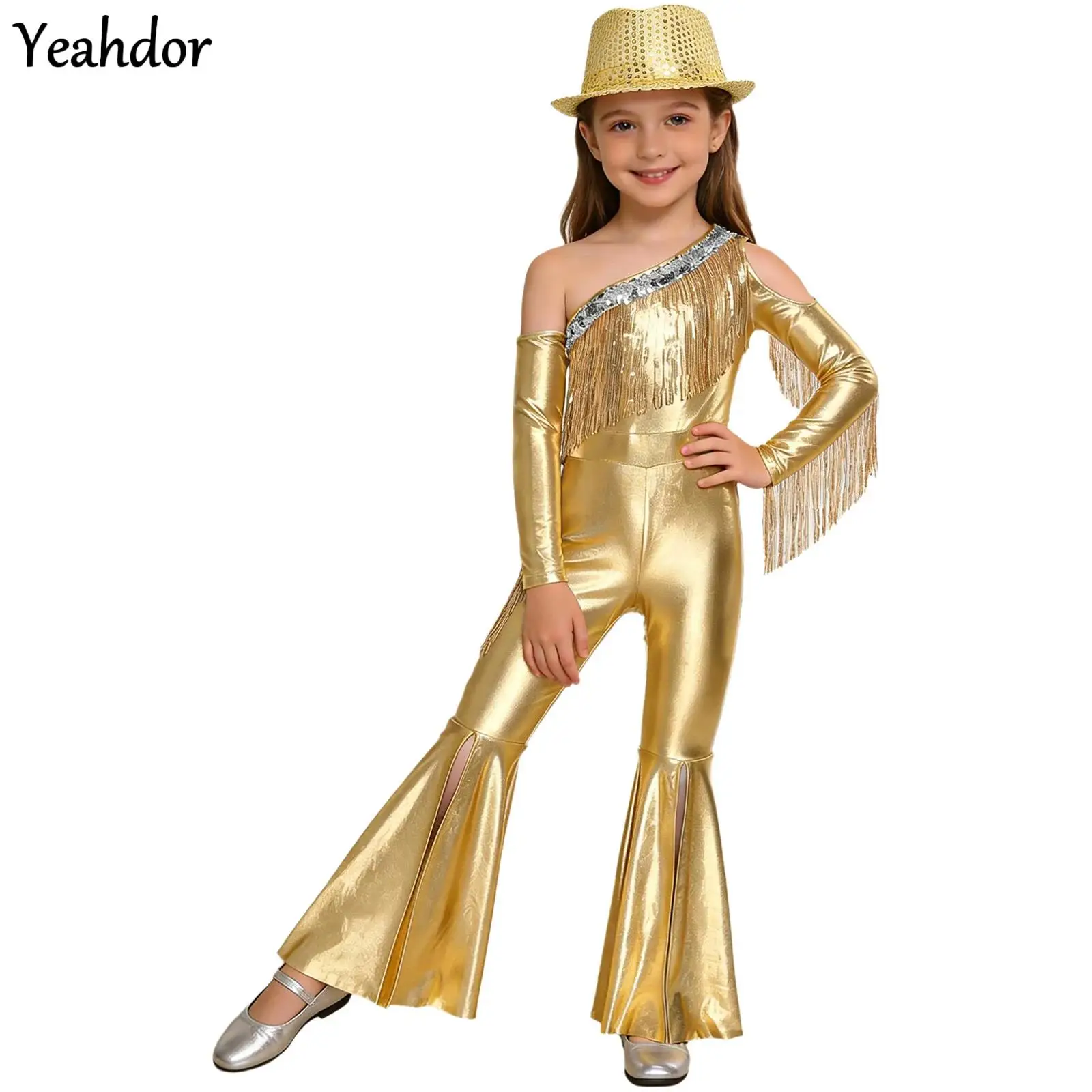 

Kids Girls Shiny 70s Disco Hippie Costume Jazz Dance Jumpsuit Rompers Metallic Sequins Tassel Slit Bell Bottom Bodysuit +Hat Set
