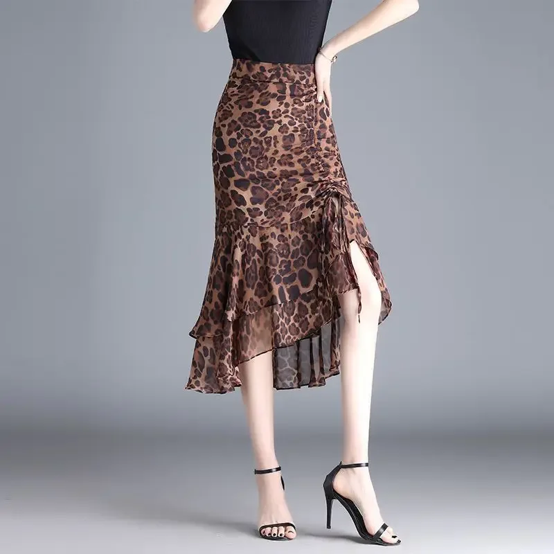 

OL Style Leopard Chiffon Mermaid Trumpet Long Skirt Layered Ruffles Strings Slim Mid-Calf Long Chiffon Skirts