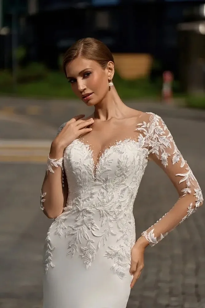 V-Neck Lace AppliquesWedding Dress Beach Long Sleeve Mermaid Sweep TrainBridal Gowns Customize To Measures Civil Sweep