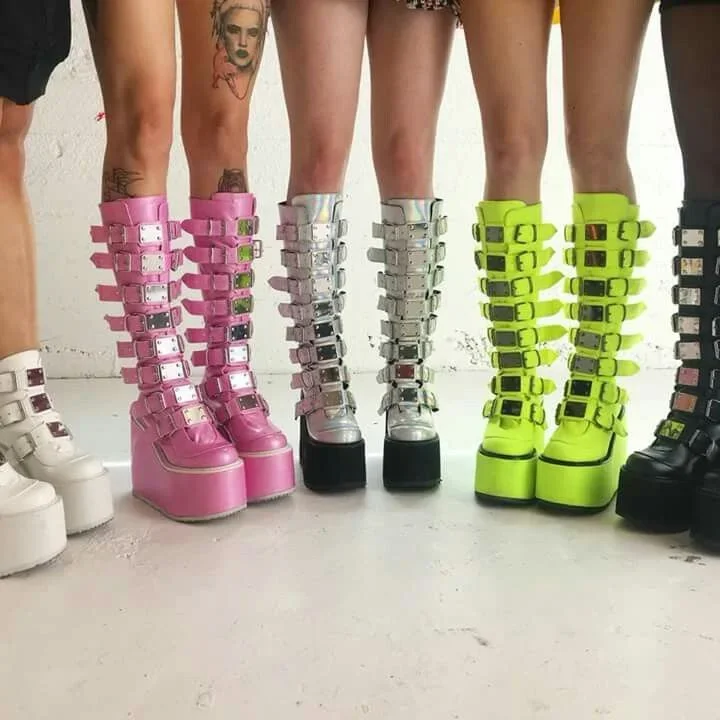 Platform Punk Rock Belt Buckle Motorcycle Boots 2025 New Round Toe Wedge Party Stage Boots Street Fashion Large Size Calf Boots image 5