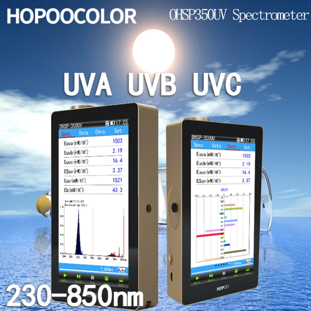 

Портативный спектрометр HOPOOCOLOR 230nm-850nm, УФ-излучение mW/cm2, длина волны, фотометр OHSP350UV