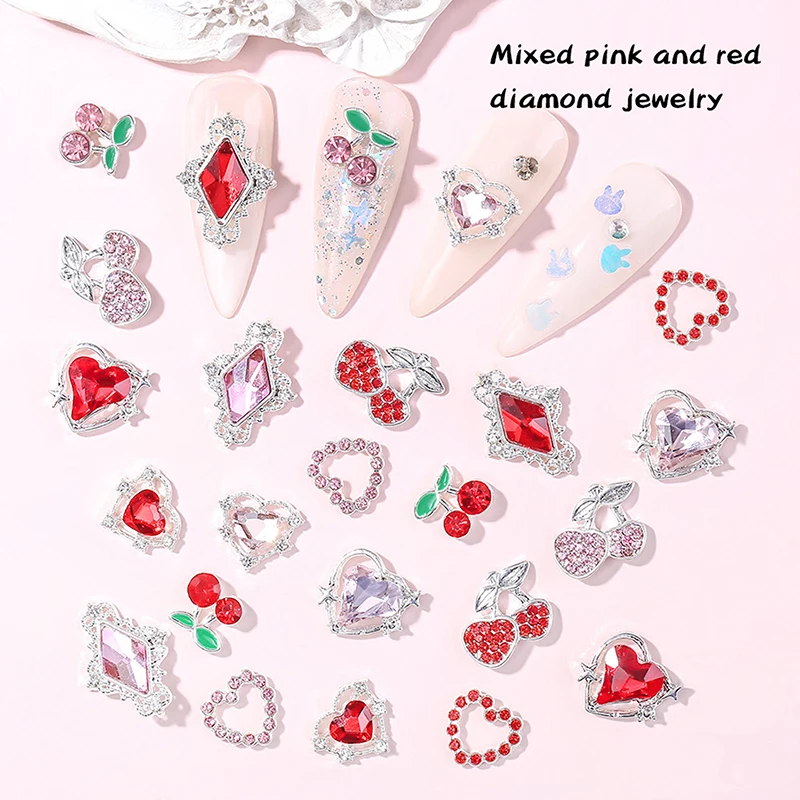 5 stks/partij 3D Legering Cherry Nail Charms Luxe Nagel Onderdelen Edelstenen Kristal Steentjes Steen Nail Art Decoraties Liefde Diamant