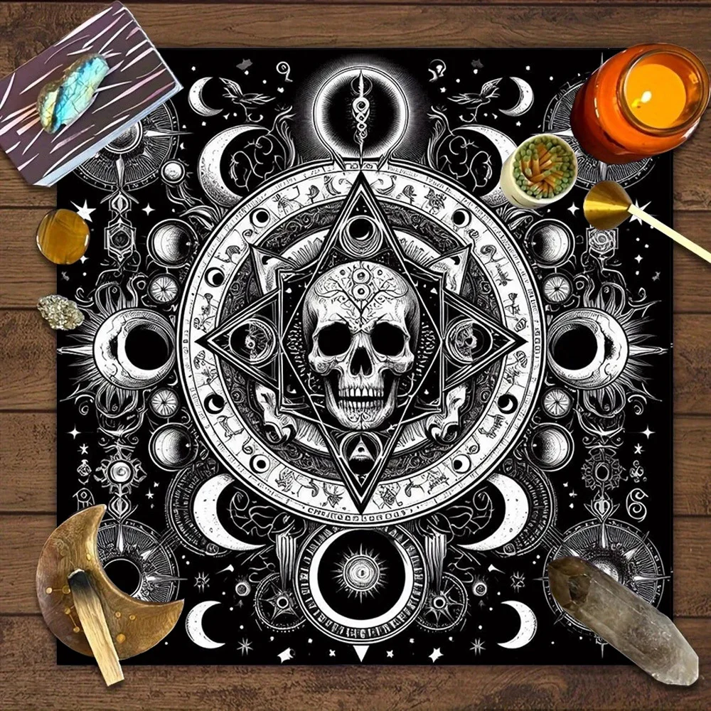 2D Printed Dark Mysterious Altar Tablecloth, Central Skull Motif with Intricate Astrology Symbols, Crescent Moons and Stars